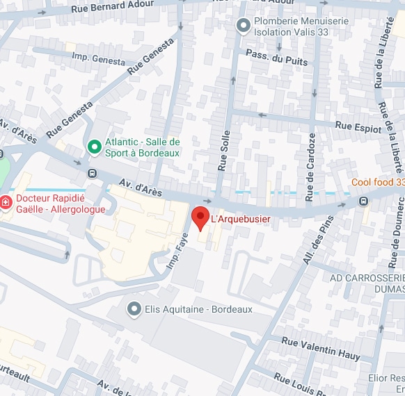 Carte détaillée de Bordeaux Ouest localisant L'Arquebusier près Av. d'Arès, Rue Solle, Imp. Faye. Points d'intérêt: Atlantic Sport, Docteur Rapidié, Valis 33.
