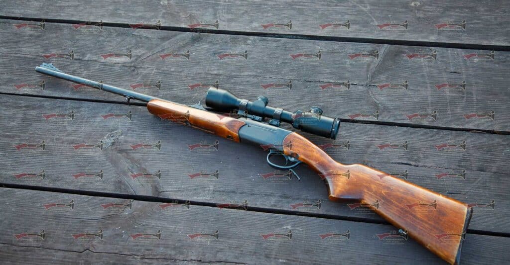 Carabine de chasse avec lunette posée sur une surface en bois. Texte visible : L'ARQUEBUSIER PONT RICHELIEU METAYER ARMURIER.