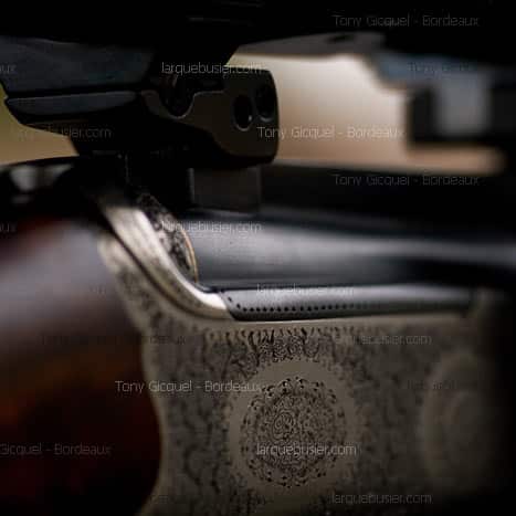 Détail carabine gravée, artisanat armurier. Gravure ornée sur boîtier de culasse. Texte: Tony Gicquel - Bordeaux, larquebusier.com.