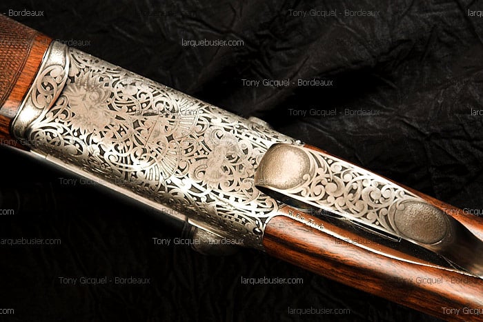 Gros plan d'un fusil de chasse avec crosse en bois foncé et boîtier métallique richement gravé de motifs floraux et d'oiseaux. Texte visible : S.B.F. Pro.