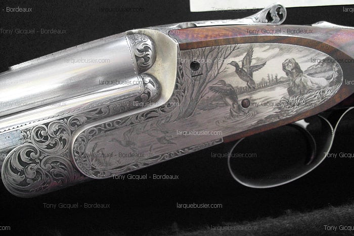 Fusil de chasse luxueux gravé: canards volants et dans l'eau, chien. Détails floraux, métal poli. Texte visible: Tony Gicquel - Bordeaux, larquebusier.com.