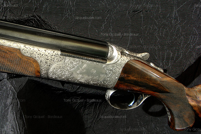 Fusil de chasse superposé de luxe avec crosse en bois foncé. Le boîtier de culasse est finement gravé de volutes et d'un oiseau en vol.