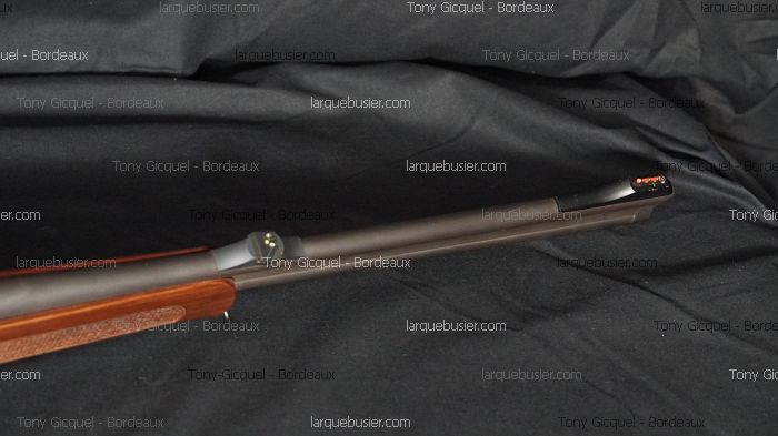 Partie avant d'une carabine de chasse avec canon, devant bois et mire frontale orange. Filigranes Tony Gicquel - Bordeaux et larquebusier.com.