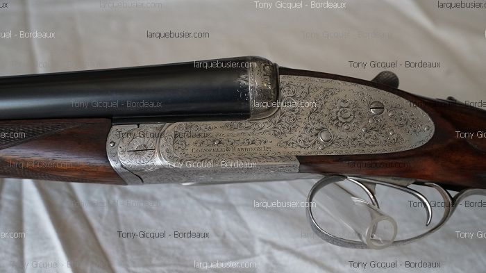 Fusil de chasse juxtaposé ancien gravé. Inscription « COGSWELL & HARRISON Ld. » sur la platine. Bois foncé et canons noirs.