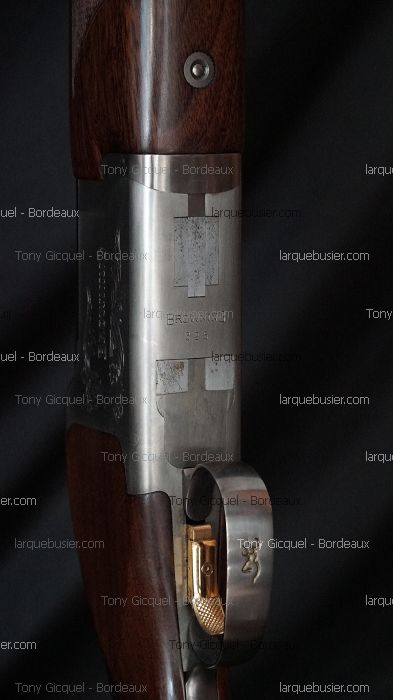 Gros plan d'un fusil de chasse Browning B25 en bois et acier, avec une détente dorée et le logo cerf de Browning. Le texte Browning B25 est visible.