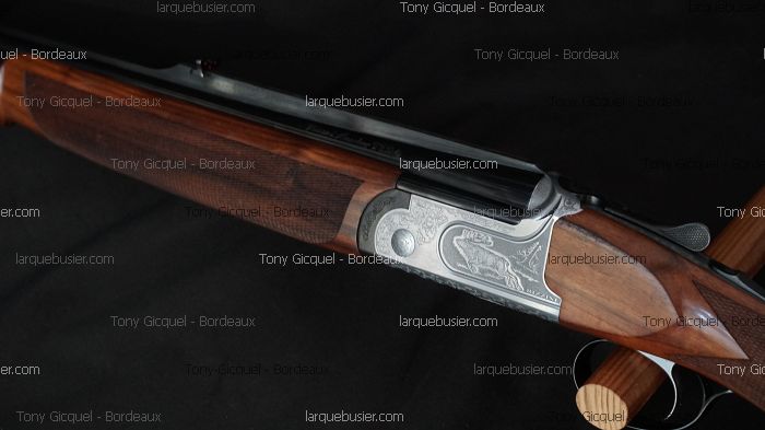 Fusil de chasse luxueux, crosse en bois foncé et boîtier de culasse argenté finement gravé d'un cerf, inscription «Rhea» visible.