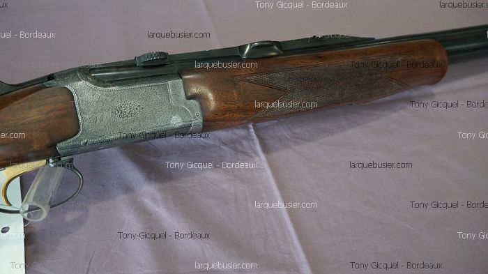 Fusil de chasse : crosse bois, boîtier de culasse gravé, détente dorée. Watermarks "Tony Gicquel - Bordeaux", "larquebusier.com".