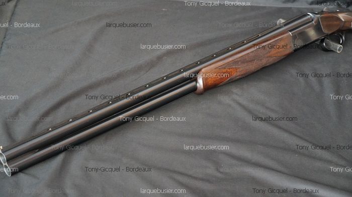 Fusil superposé élégant sur tissu sombre, présentant ses canons noirs brillants et sa crosse en bois veiné. Marque: Tony Gicquel - Bordeaux. Site: larquebusier.com.