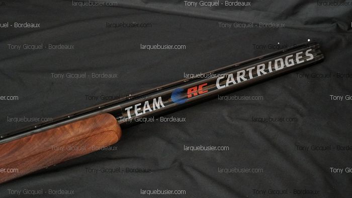 Canon de fusil noir avec l'inscription blanche 'TEAM RC CARTRIDGES' et un logo RC rouge et bleu. Garde-main en bois grainé sur fond sombre.