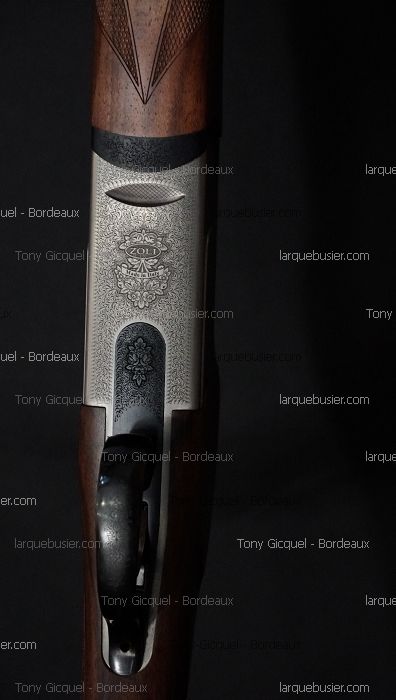 Close-up d'un fusil de chasse Zoli, boîtier de culasse gravé en métal argenté et bois. Texte "ZOLI" et "MADE IN ITALY" visible.